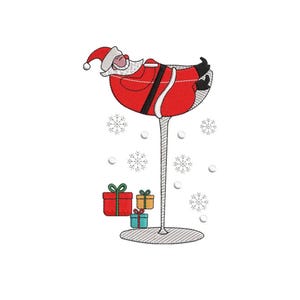 Arquivo de bordado de Papai Noel de Natal, Papai Noel engraçado em uma taça de champanhe, Design de bordado de inverno, Download digital
