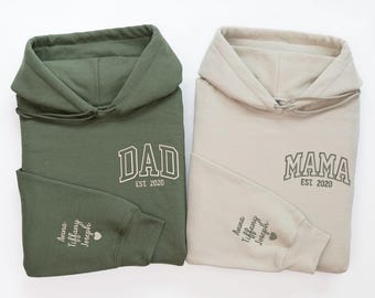 Dad Embroidered Sweatshirt Personalized Mama Shirt With Names, Heart On Sleeve, Daddy Est Year Hoodie, Gift For New Dad, Mother's Day Gift