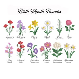 Geburtsmonat Blumen Stickdatei Set - 12 digitale Maschinenstickdateien - Botanische Monatsblumen - 7 Größen inklusive