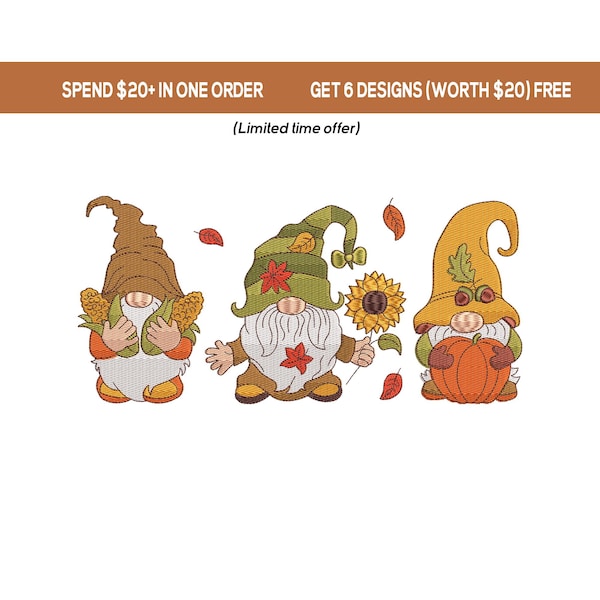 Fall Gnome with Pumpkin Embroidery Design, Gnomes with Autumn Leave Embroidery Design, Machine Embroidery Design, Digital Download, 4 Sizes
