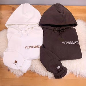 Custom Embroidered Roman Numeral Hoodie, Couple Shirt Initial On Sleeve, Anniversary Year, Personalized Date Sweatshirt Valentine&#39;s Day Gift