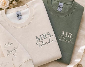 Custom Mrs Embroidered Sweatshirt, Date On Sleeve Gift For Bride Future Mrs. and Mr. Mrs Last Name Engagement Gift Hubby Wifey, Made in USA