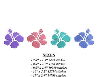 May include: Four embroidered hibiscus flower designs in purple, pink, teal, and blue. The designs are shown in different sizes with stitch counts for each size. The text "SIZES" is at the top of the image. The text "DST - EXP - HUS - PES - VP3 - XXX - JEF" is at the bottom of the image.