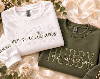 Embroidered Wifey/Hubby Sweatshirt: Tone on Tone Bridal Gift