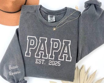 Comfort Colors Embroidered Sweatshirt Dad Mama Custom Name On Sleeve  Grandpa Daddy Est Year Shirt, Father's Day Gift, MADE IN USA