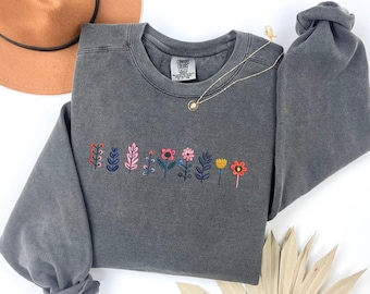 Wildflower Sweatshirt Embroidered Comfort Colors, Floral Embroidered Long Sleeve Shirt, Autumn Leaves and Flower Shirt, MADE IN USA