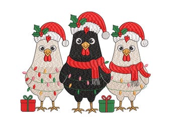 Borduurontwerp met kerstman kip, grappig borduurbestand kip, kip Thanksgiving, machineborduurwerk kerstmis