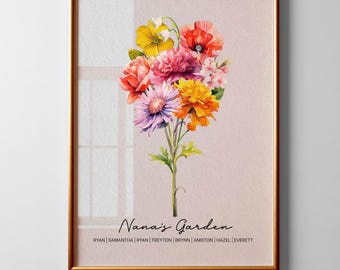 Family Birth Flower Bouquet Gift, Nana's Garden Mother's Day Grandma Gift Watercolor Birth Month Flowers Personalized Gift Digital Download