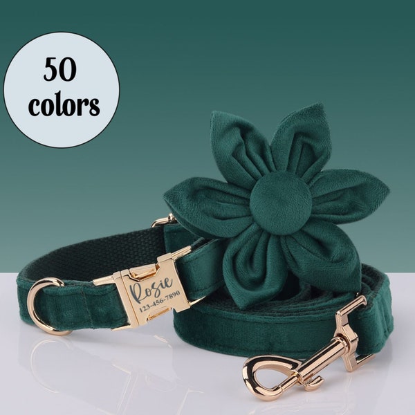 Emerald Green Dog Collar Velvet Personalized  Dog Collar with Leash Flower Bow Tie Custom Dog Collar Engraved Pet Name Metal Buckle 50 COLOR