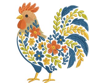 May include: Embroidered rooster design with a floral pattern. The rooster features a tan body, orange comb and wattle, and yellow beak and feet. The body is filled with blue, orange, and yellow flowers and leaves, creating a colorful and detailed image.