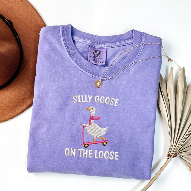 Comfort Colors Embroidered Shirt Silly Goose on the Loose Tshirt Goose