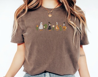 Halloween Goose Embroidered Shirt Fall Duck Costume Comfort Colors Tee Shirt– Funny Embroidered Autumn Animals Tee, MADE IN USA