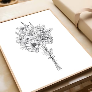 May include: A black and white line drawing of a bouquet of flowers, including roses, poppies, and other blooms. The bouquet is tied with a ribbon and has a rustic, vintage feel.
