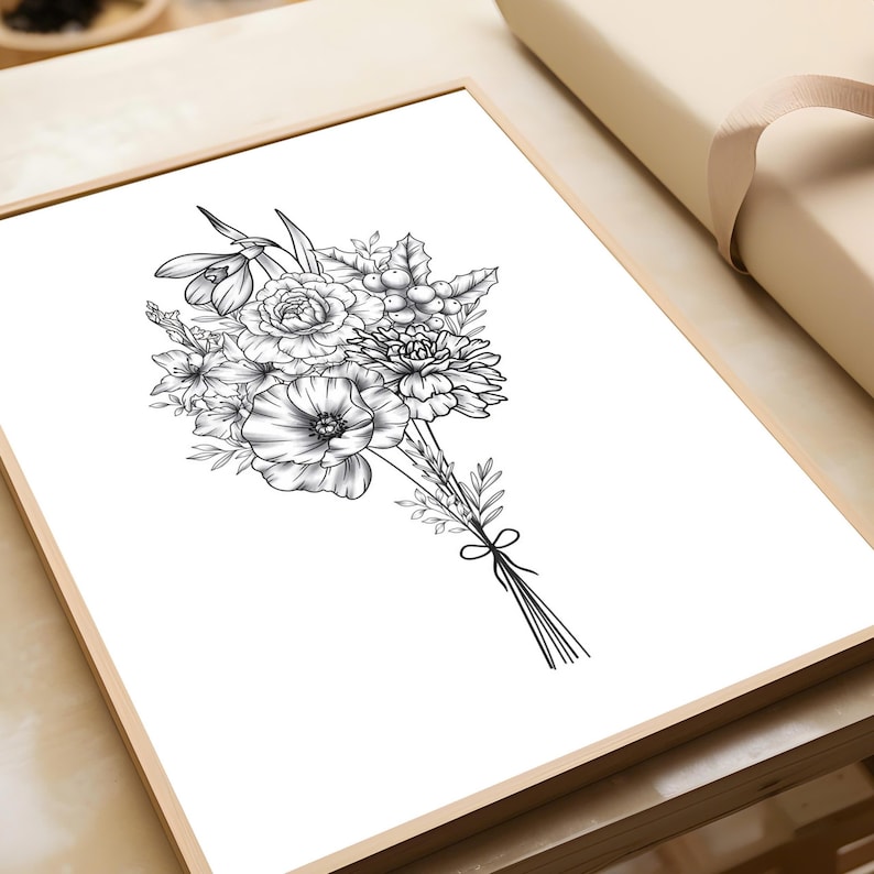 May include: A black and white line drawing of a bouquet of flowers, including roses, poppies, and other blooms. The bouquet is tied with a ribbon and has a rustic, vintage feel.