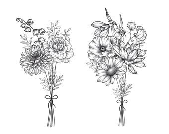 May include: Two black and white line drawings of bouquets of flowers. The first bouquet includes lilies of the valley, chrysanthemums, and roses. The second bouquet includes poppies, daisies, and snowdrops.