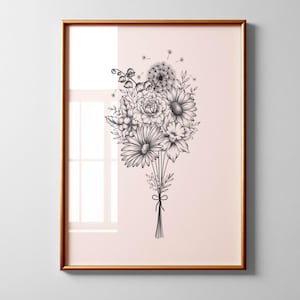 May include: A black and white line drawing of a bouquet of flowers, including daisies, dandelions, and lilies of the valley. The flowers are tied together with a ribbon and are arranged in a vase. The background is a light pink colour.