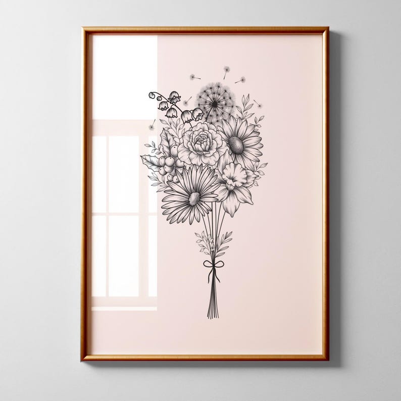 May include: A black and white line drawing of a bouquet of flowers, including daisies, dandelions, and lilies of the valley. The flowers are tied together with a ribbon and are arranged in a vase. The background is a light pink colour.