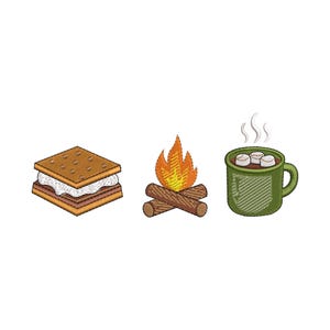May include: An embroidered design of a s'more, a campfire, and a mug of hot chocolate with marshmallows. The s'more is made of graham crackers, marshmallow, and chocolate. The campfire has orange and yellow flames. The mug is green.