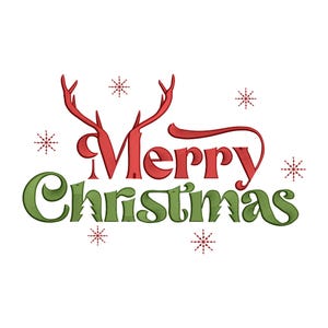 May include: Red and green stylized text that reads "Merry Christmas" with a pair of red reindeer antlers above the word "Merry".  There are small red snowflakes scattered around the text.