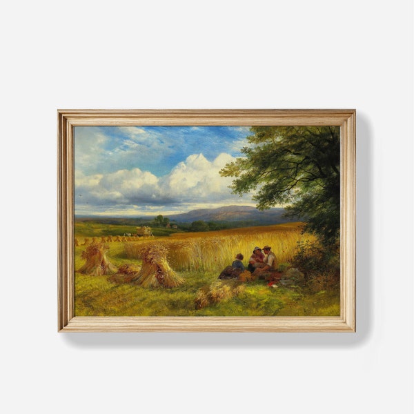 Vintage Harvest Painting, Harvest Rest Landscape Print, Farmhouse Decor,  Digital DownloadD584