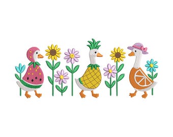 Borduurontwerp grappige gans, fruitgans machineborduurbestand, bloemen borduurbestand, watermeloen ananas sinaasappelgans, 7 maten