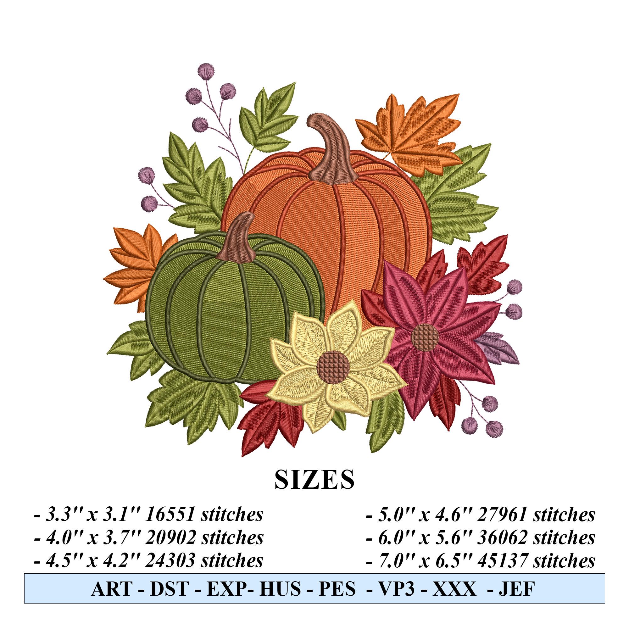 Fall Pumpkin Embroidery Design, Autumn Floral Harvest Stitch ...