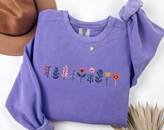 Minimal Floral Embroidered Sweatshirt, Cute Flower Comfort Colors Sweater Gift for Women, Cottagecore Top, MADE IN USA