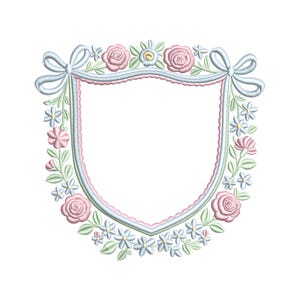 Preppy Crest Grandmillennial Embroidery Design Coquette Bow Crest Embroidery Grandmillennial Floral Frame Vintage Baby Girl Monogram Shield