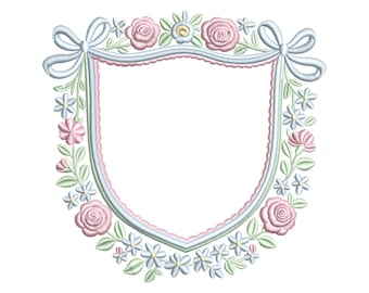 Preppy Crest Grandmillennial Embroidery Design Coquette Bow Crest Embroidery Grandmillennial Floral Frame Vintage Baby Girl Monogram Shield