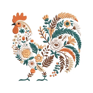 以下が含まれることがあります： オレンジ、ブラウン、ホワイト、グリーンの色合いの花柄の刺繍された雄鶏のデザイン。雄鶏は様々な花と葉で構成されています。