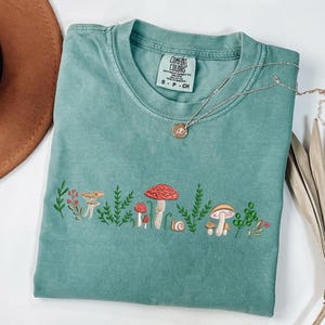 Mushroom Embroidered Comfort Colors Shirt, Vintage Embroidery Tshirt, Summer Cottagecore Tee, Custom Gift for Her, Made in USA