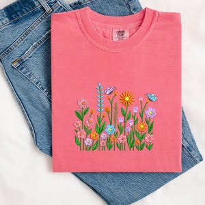 Wildflower Embroidered Comfort Colors T-Shirt, Floral Embroidered Tee, Cottagecore Spring Shirt, Gift for Her, Boho Aesthetic,  MADE IN USA