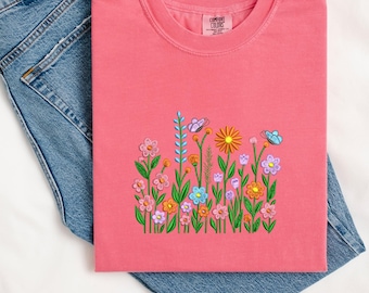 Embroidered Floral Tshirt Wildflower Comfort Colors Tee Shirt, Cottagecore Spring Shirt, Gift for Her, Boho Aesthetic,  MADE IN USA