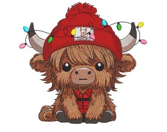 Christmas Highland Cow Embroidery Design, Baby Highland Cow with Christmas Lights Embroidery Design, Farm Animal Embroidery File, 5 Sizes