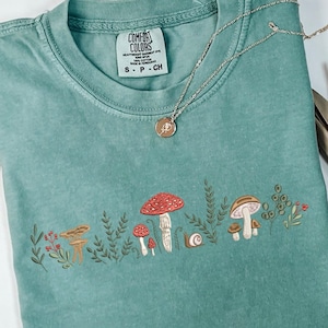 Comfort Colors Mushroom Tshirt Embroidered Custom, Vintage Tshirt Embroidered, Summer Tshirt, Gift for Her, Gift for Mom, MADE IN USA