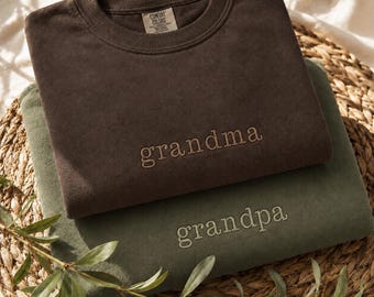Grandma Grandpa Embroidered Comfort Colors Shirt, Minimalist Grandparent Tee, Matching Grandparents Shirt, Grandparents Gift