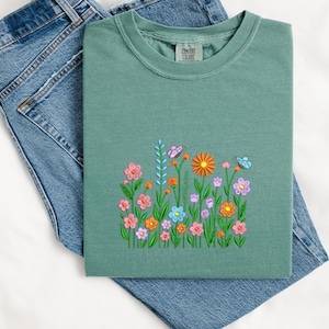 Wildflower Embroidered Comfort Colors T-Shirt, Floral Embroidered Tee, Cottagecore Spring Shirt, Gift for Her, Boho Aesthetic,  MADE IN USA