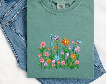 Wildflower Embroidered Comfort Colors T-Shirt, Floral Embroidered Tee, Cottagecore Spring Shirt, Gift for Her, Boho Aesthetic,  MADE IN USA