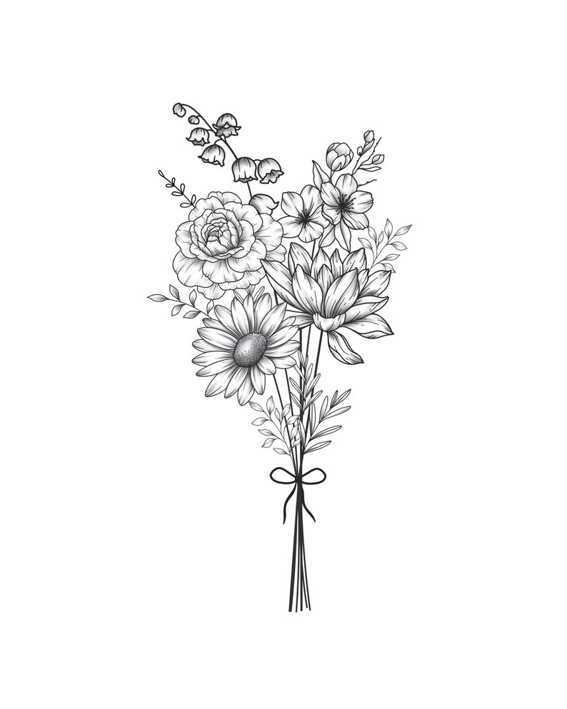 May include: A black and white line drawing of a bouquet of flowers, including daisies, lilies, and other wildflowers. The flowers are tied together with a ribbon.