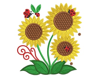 Floral Embroidery Design Sunflower Embroidery File Summer Floral Machine Embroidery File, Garden Bug Pattern, Digital Download,  6 Sizes
