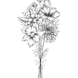 Personalized Birth Flower Bouquet, Family Birth Month Tattoo Design, Up to 20 Flowers, Flower Bouquet Print, Floral Tattoo Design