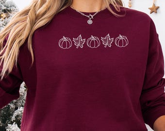 Minimalist Pumpkin Leaf Embroidered Sweatshirt Fall Shirt Autumn Hoodie Thanksgiving Outfit