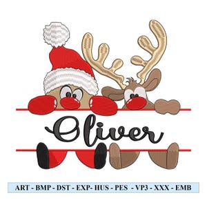 Diseño de bordado de Papá Noel y ciervo, archivo de bordado a máquina de Navidad, vibraciones alegres de acebo en un estilo de dibujos animados retro de moda, descarga digital