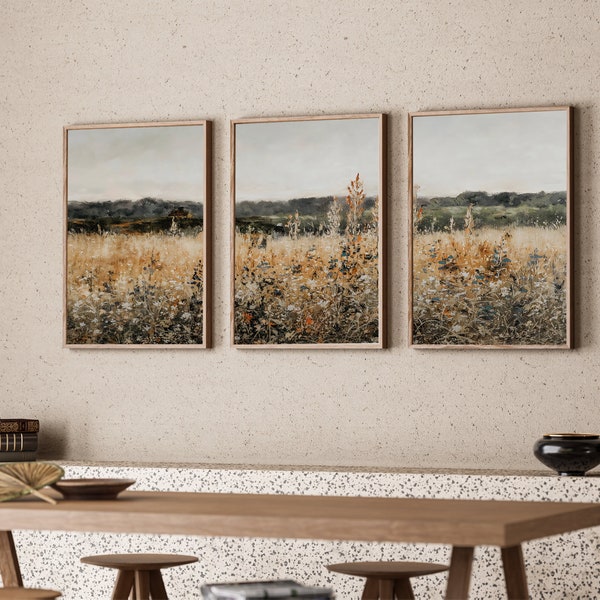 Wildflower Field Set of 3 Prints Landscape Painting, Gallery Wall Sets, Neutral Split Print, Vintage Landscape Art Print, Printable Art, B12