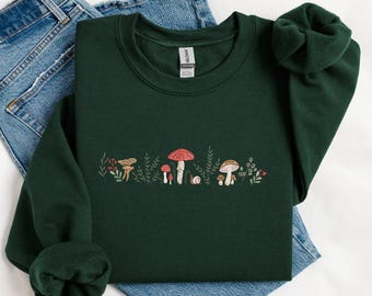 Embroidered Mushroom Sweatshirt, Botany Embroidered Tshirt, Cottage Core Embroidery Hoodie, Embroidered Mushroom Crew Neck Sweatshirt