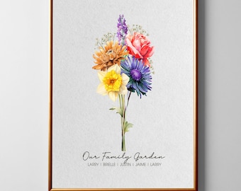 Family Birth Flower Bouquet Gift, Nana's Garden Mother's Day Grandma Gift Watercolor Birth Month Flowers Personalized Gift Digital Download