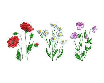 May include: Three embroidered floral designs featuring a red poppy, white daisies, and pink flowers with green stems and leaves.