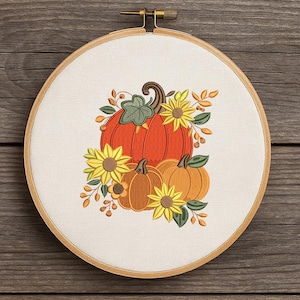 Floral Pumpkin Embroidery Design with Sunflowers, Autumn Harvest Machine Embroidery Pattern, Fall Machine Embroidery File, 6 Sizes