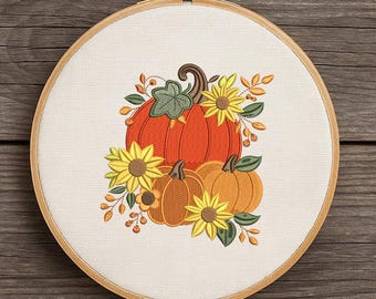 Floral Pumpkin Embroidery Design with Sunflowers, Autumn Harvest Machine Embroidery Pattern, Fall Machine Embroidery File, 6 Sizes