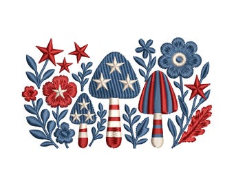 Patriotic Mushroom Embroidery Design,4th of July Floral Red White Blue Digital File for Towel Shirt Tote Bag Hoop Art, 4 Sizes
